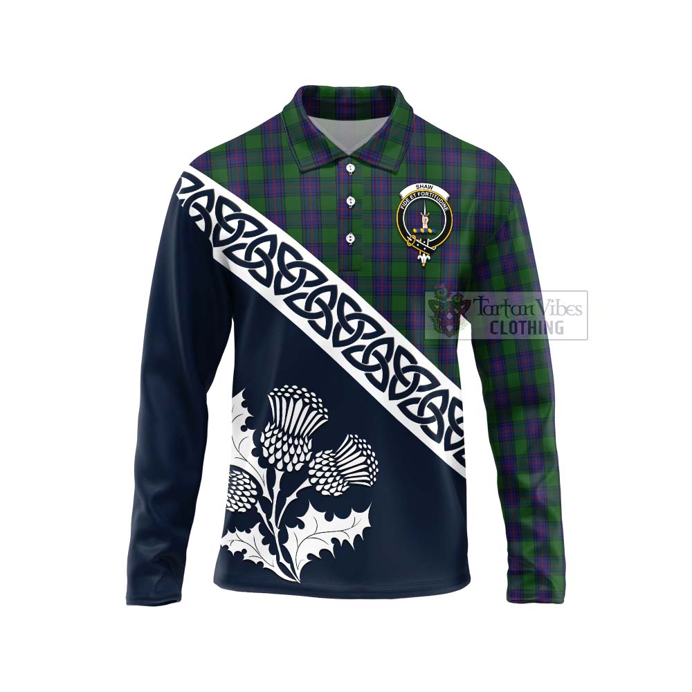 Tartan Vibes Clothing Shaw Tartan Long Sleeve Polo Shirt Featuring Thistle and Scotland Map