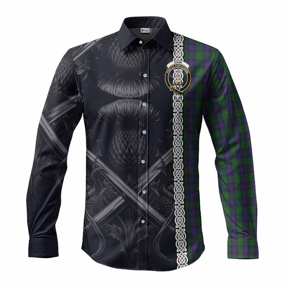 Tartan Vibes Clothing Shaw Tartan Long Sleeve Button Shirt with Family Crest Cross Sword Thistle Celtic Vibes