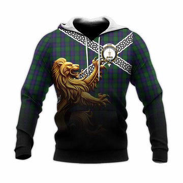 Tartan Vibes Clothing Shaw Crest Tartan Knitted Hoodie with Golden Lion Emblem Celtic Style