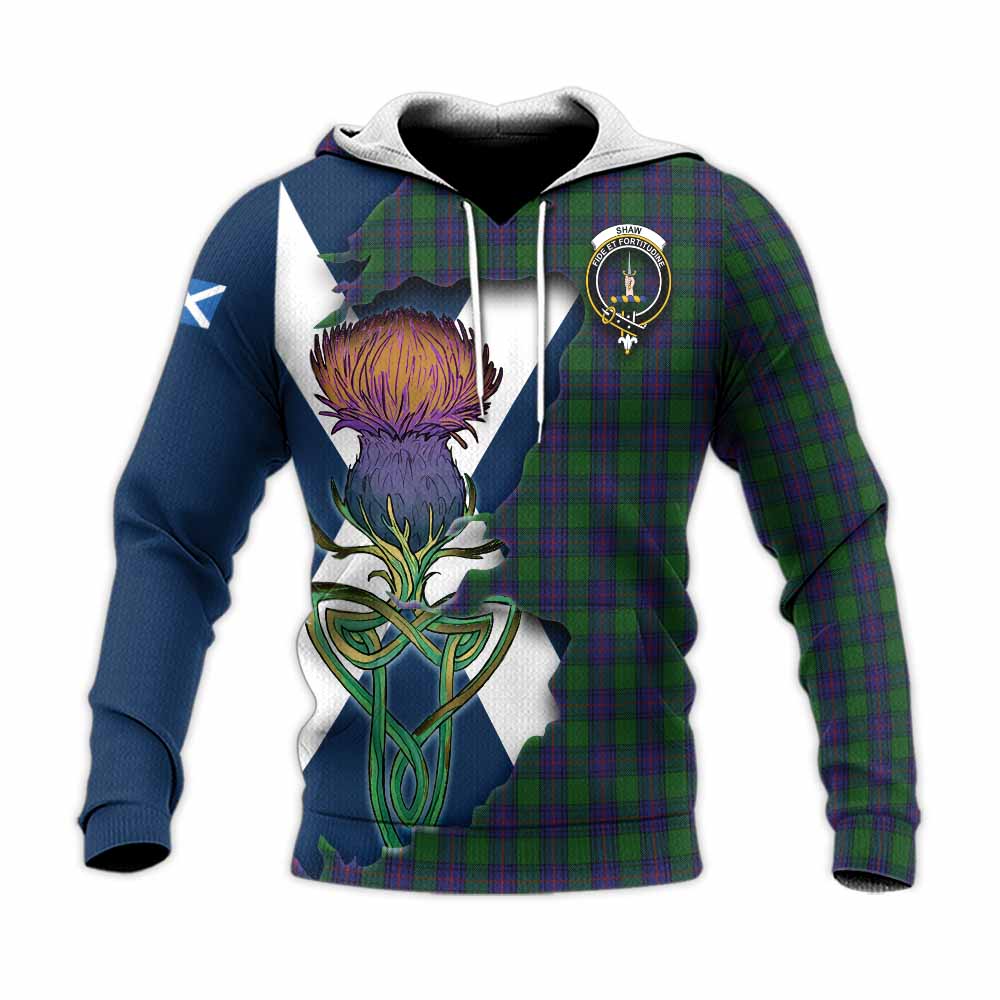 Tartan Vibes Clothing Shaw Tartan Family Crest Knitted Hoodie Scottish Thistle Celtic Inspired