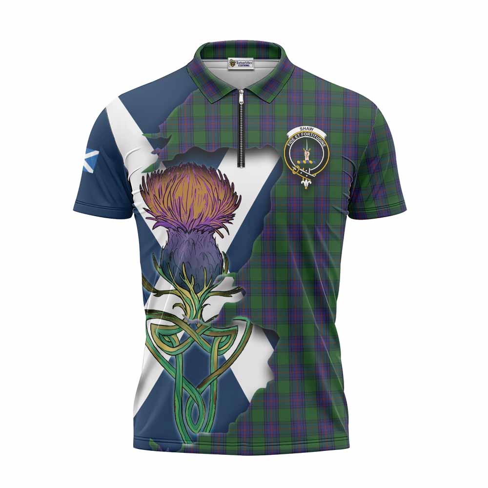 Tartan Vibes Clothing Shaw Tartan Family Crest Zipper Polo Shirt Scottish Thistle Celtic Inspired