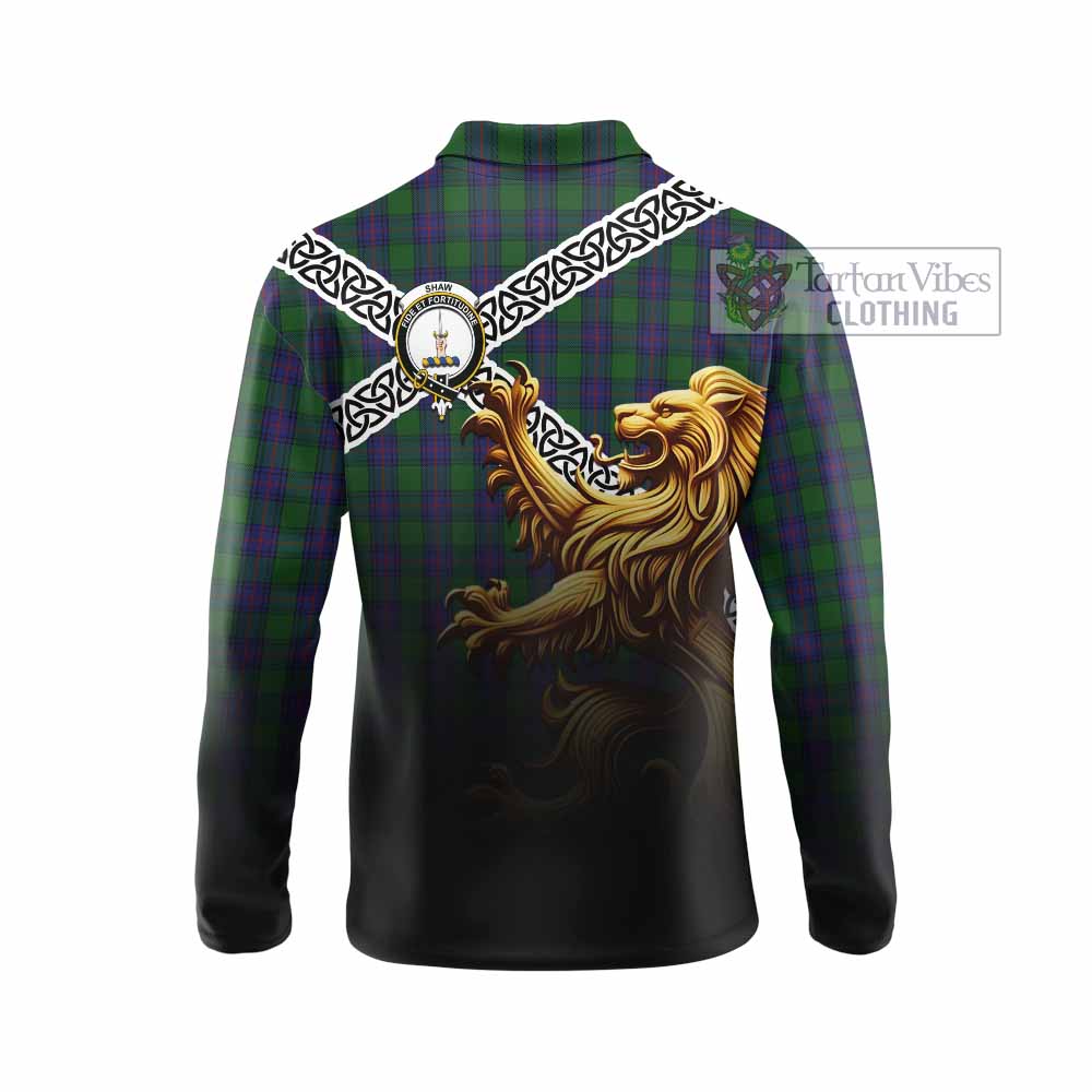 Tartan Vibes Clothing Shaw Crest Tartan Long Sleeve Polo Shirt with Golden Lion Emblem Celtic Style