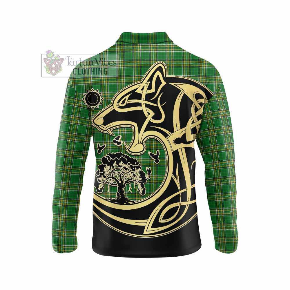 Tartan Vibes Clothing Shaw Irish Tartan Long Sleeve Polo Shirt with Coat of Arms Celtic Wolf Style