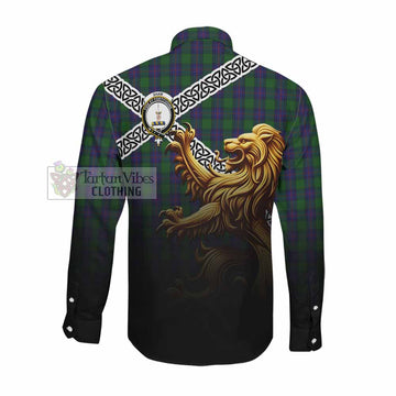 Shaw Crest Tartan Long Sleeve Button Shirt with Golden Lion Emblem Celtic Style