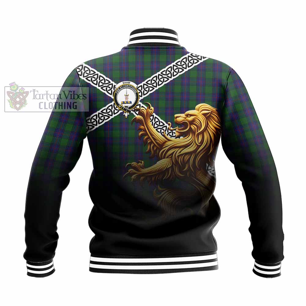 Tartan Vibes Clothing Shaw Crest Tartan Baseball Jacket with Golden Lion Emblem Celtic Style