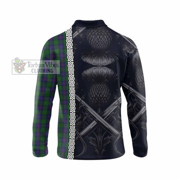 Tartan Vibes Clothing Shaw Tartan Long Sleeve Polo Shirt with Family Crest Cross Sword Thistle Celtic Vibes