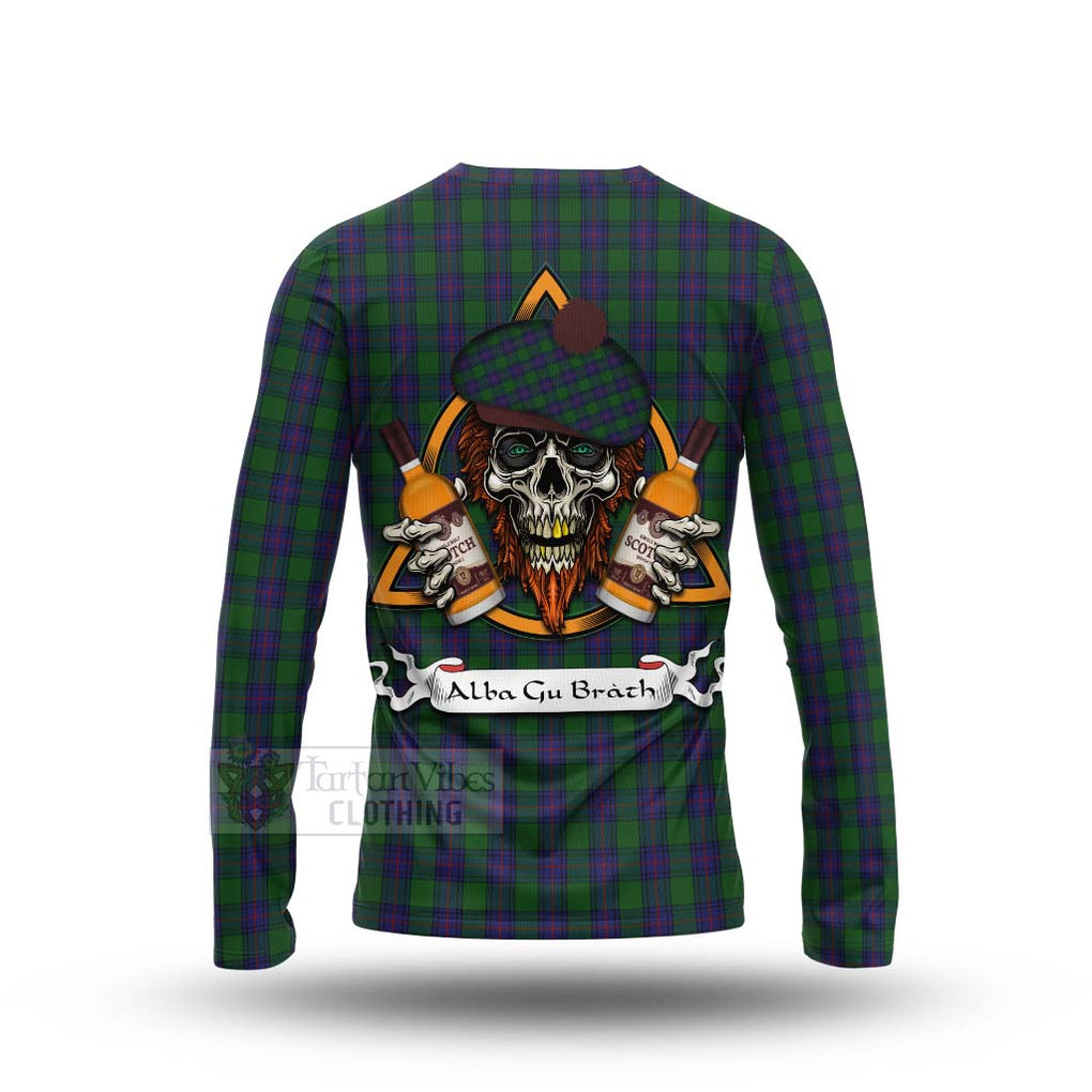 Tartan Vibes Clothing Shaw Tartan Long Sleeve T-Shirt with Family Crest and Bearded Skull Holding Bottles of Whiskey