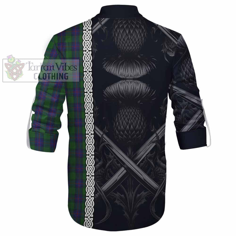 Tartan Vibes Clothing Shaw Tartan Ghillie Kilt Shirt with Family Crest Cross Sword Thistle Celtic Vibes