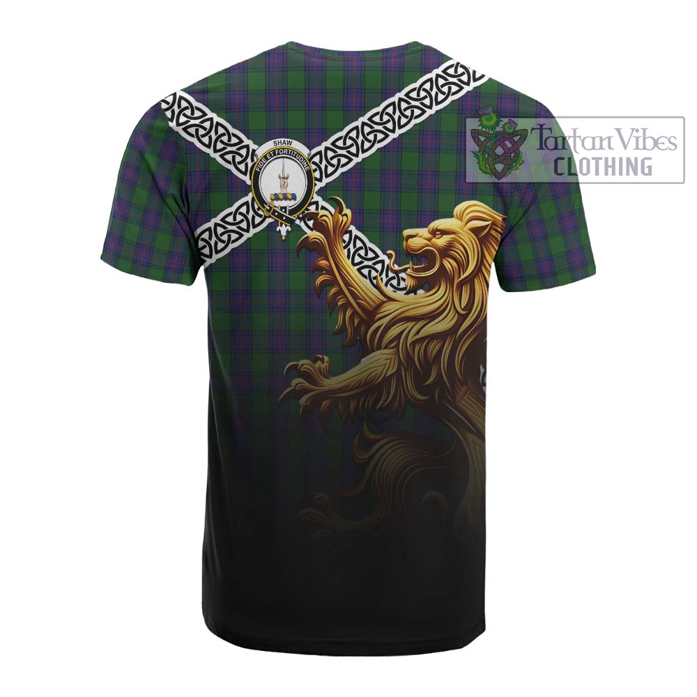 Tartan Vibes Clothing Shaw Crest Tartan Cotton T-shirt with Golden Lion Emblem Celtic Style