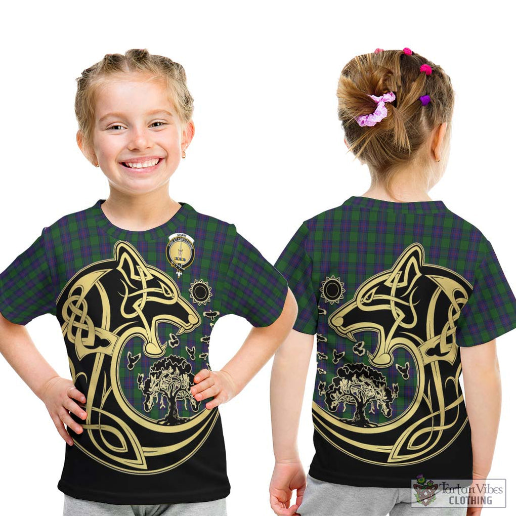 Shaw Tartan Kid T-Shirt with Family Crest Celtic Wolf Style - Tartan Vibes Clothing