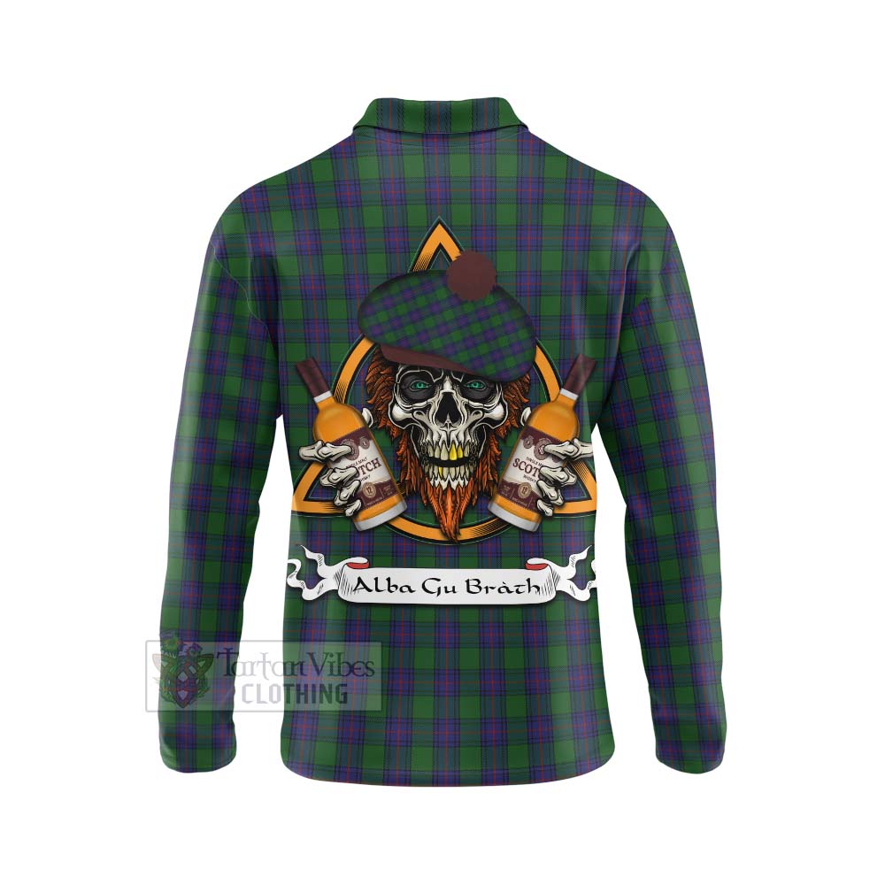 Tartan Vibes Clothing Shaw Tartan Long Sleeve Polo Shirt with Family Crest and Bearded Skull Holding Bottles of Whiskey