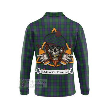 Tartan Vibes Clothing Shaw Tartan Long Sleeve Polo Shirt with Family Crest and Bearded Skull Holding Bottles of Whiskey