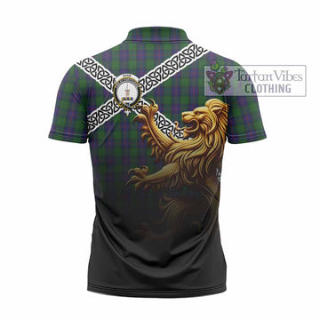 Shaw Crest Tartan Zipper Polo Shirt with Golden Lion Emblem Celtic Style