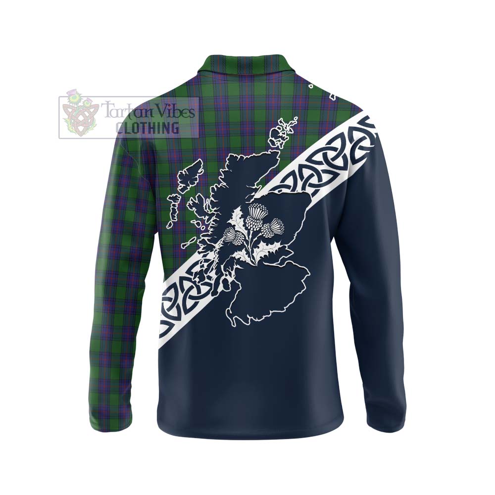 Tartan Vibes Clothing Shaw Tartan Long Sleeve Polo Shirt Featuring Thistle and Scotland Map