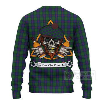 Tartan Vibes Clothing Shaw Tartan Knitted Sweater with Family Crest and Bearded Skull Holding Bottles of Whiskey