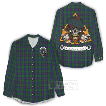 Shaw Tartan Women's Casual Shirt with Family Crest and Bearded Skull Holding Bottles of Whiskey