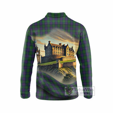 Tartan Vibes Clothing Shaw Tartan Family Crest Long Sleeve Polo Shirt with Scottish Ancient Castle Style
