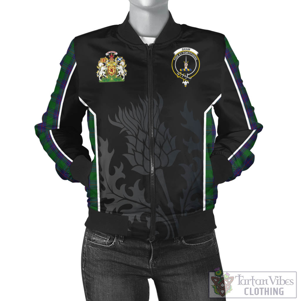 Tartan Vibes Clothing Shaw Tartan Bomber Jacket with Family Crest and Scottish Thistle Vibes Sport Style