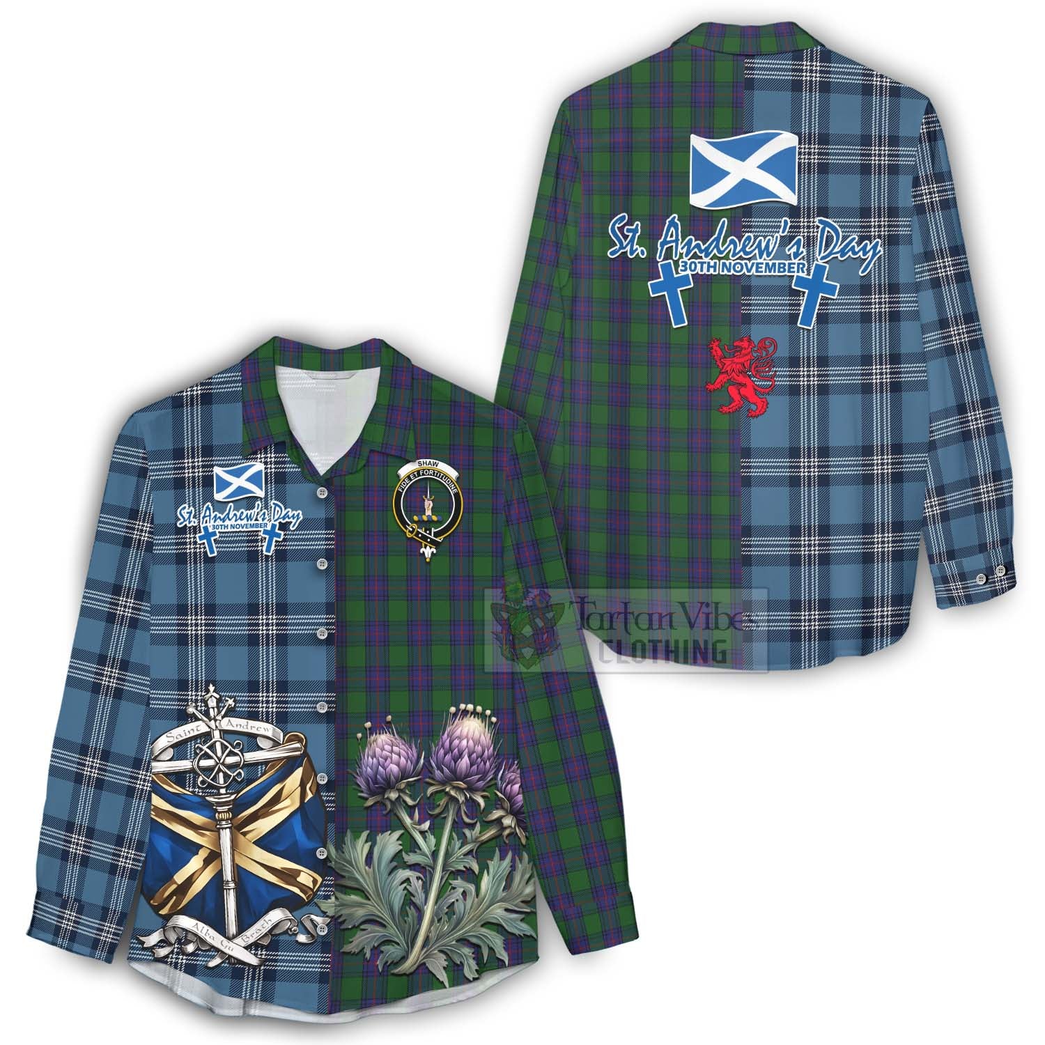 Tartan Vibes Clothing Shaw Tartan Women's Casual Shirt Happy St. Andrew's Day Half Tartan Style