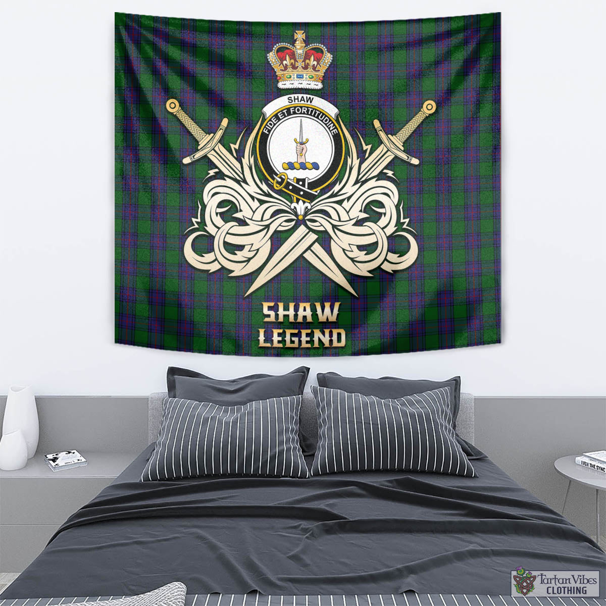 Tartan Vibes Clothing Shaw Tartan Tapestry with Clan Crest and the Golden Sword of Courageous Legacy
