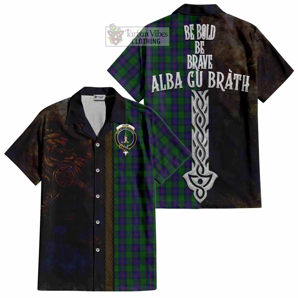 Tartan Vibes Clothing Shaw Tartan Family Crest Short Sleeve Button Shirt Alba Gu Brath Be Brave Lion Ancient Style