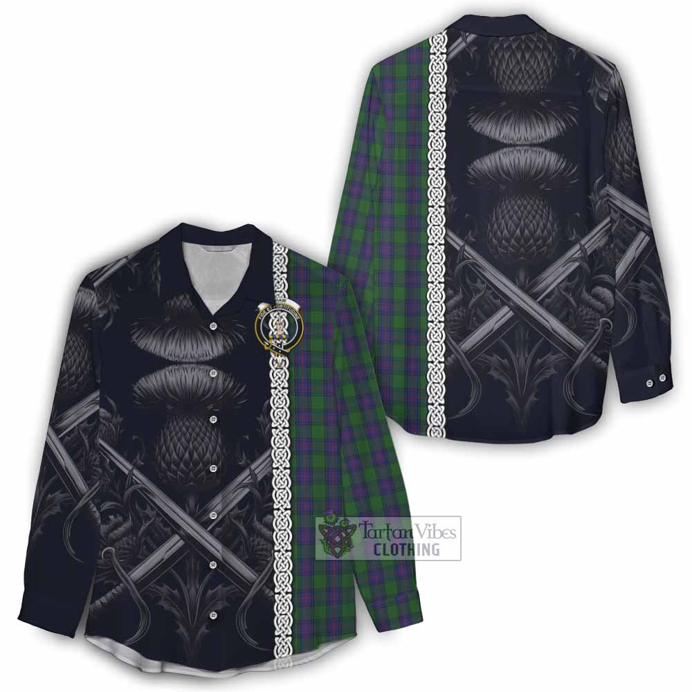 Tartan Vibes Clothing Shaw Tartan Women's Casual Shirt with Family Crest Cross Sword Thistle Celtic Vibes