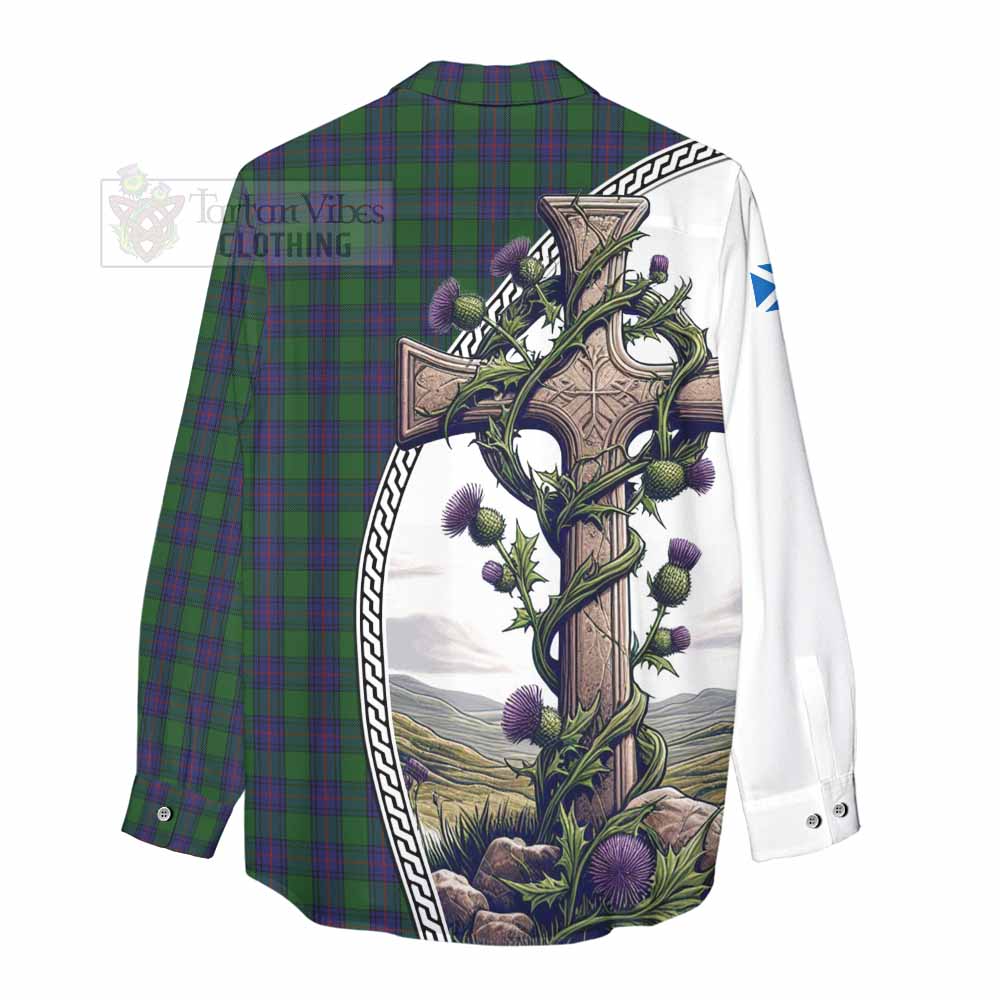 Tartan Vibes Clothing Shaw Tartan Women's Casual Shirt with Family Crest and St. Andrew's Cross Accented by Thistle Vines