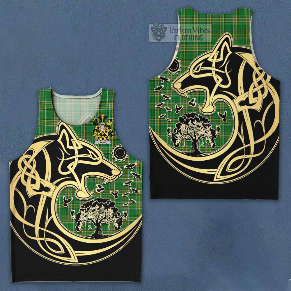 Tartan Vibes Clothing Shaw Irish Tartan Men's Tank Top with Coat of Arms Celtic Wolf Style