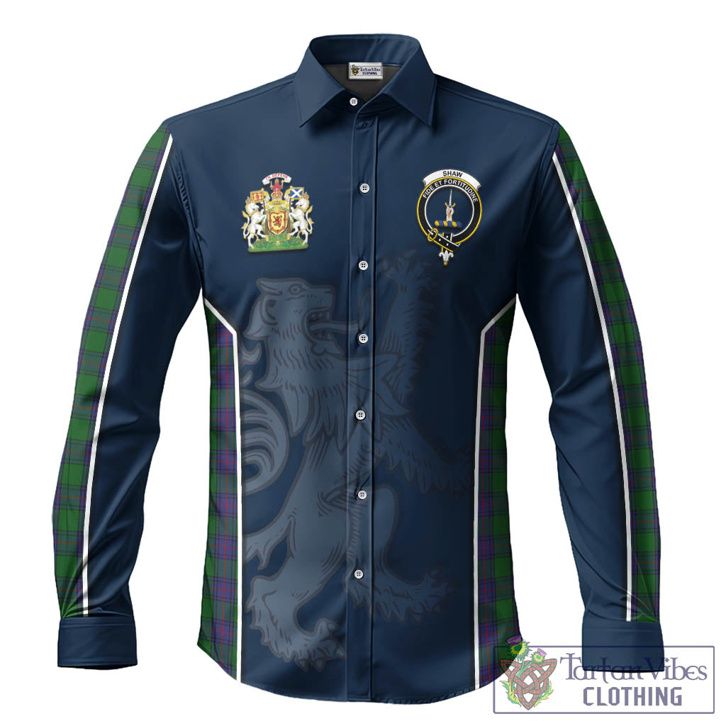Shaw Tartan Long Sleeve Button Up Shirt with Family Crest and Lion Rampant Vibes Sport Style