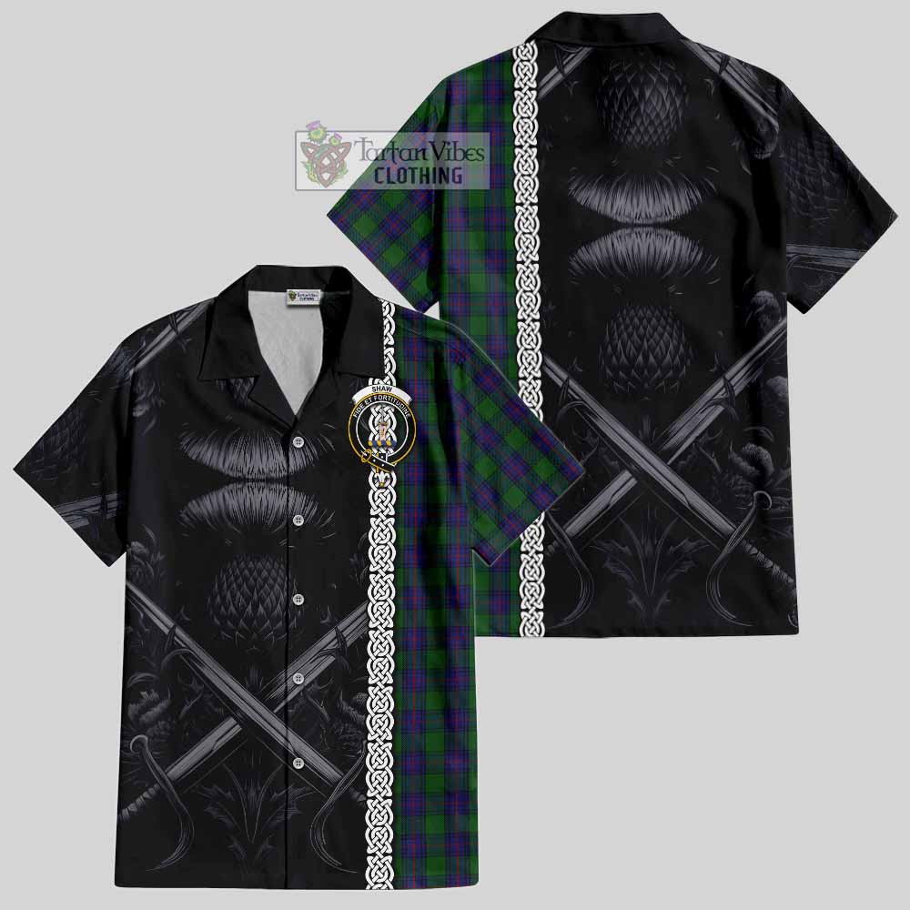 Tartan Vibes Clothing Shaw Tartan Short Sleeve Button Shirt with Family Crest Cross Sword Thistle Celtic Vibes