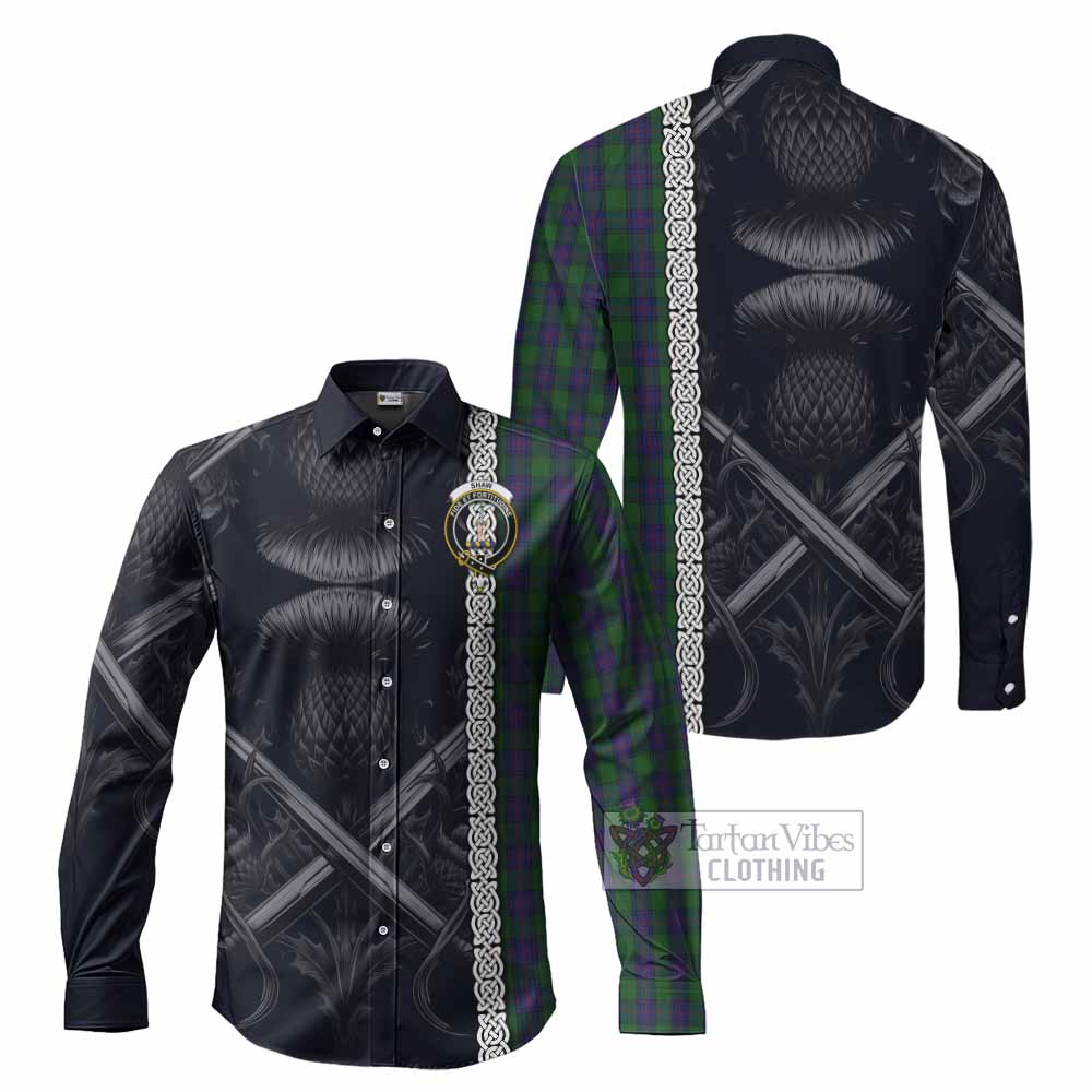 Tartan Vibes Clothing Shaw Tartan Long Sleeve Button Shirt with Family Crest Cross Sword Thistle Celtic Vibes
