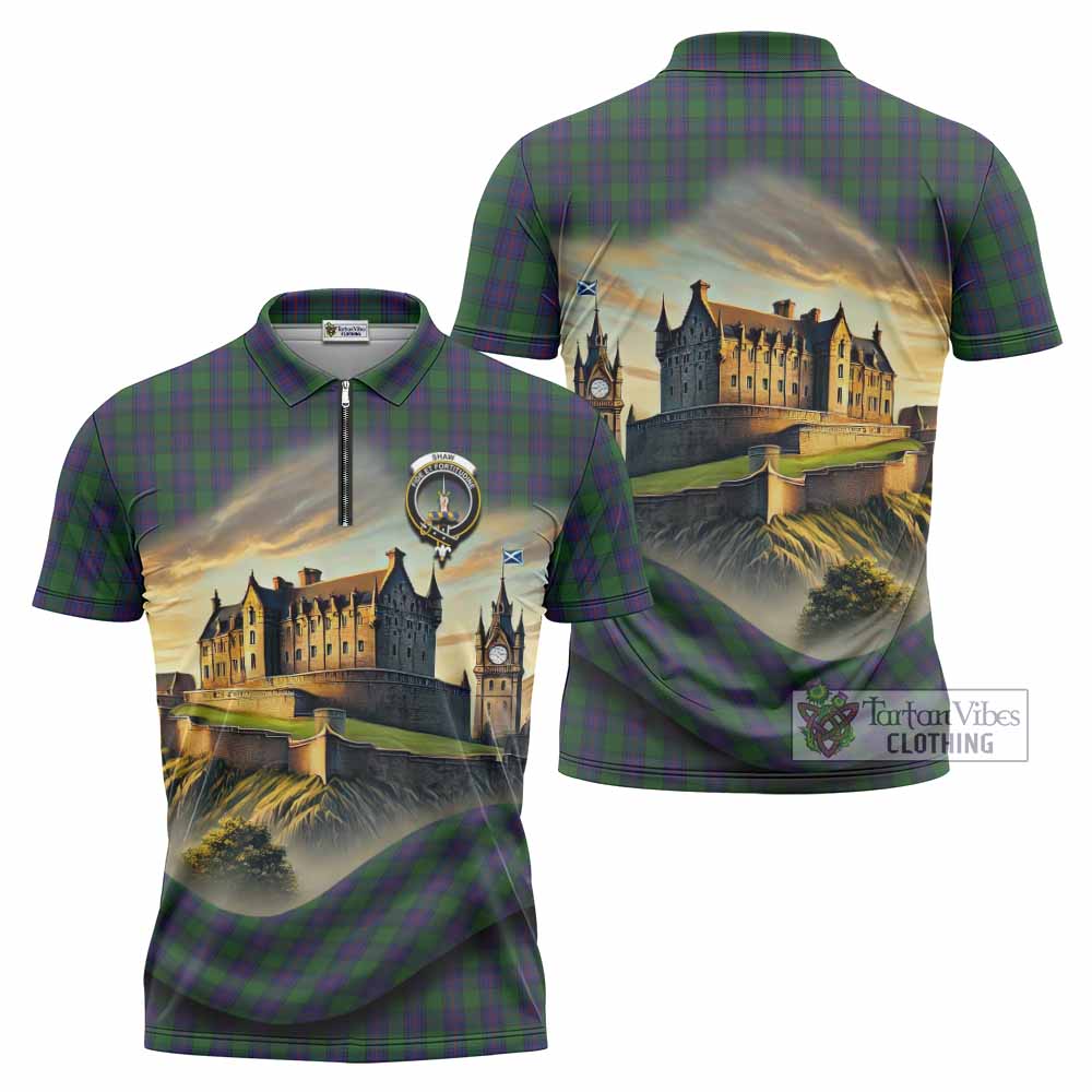Tartan Vibes Clothing Shaw Tartan Family Crest Zipper Polo Shirt with Scottish Ancient Castle Stype