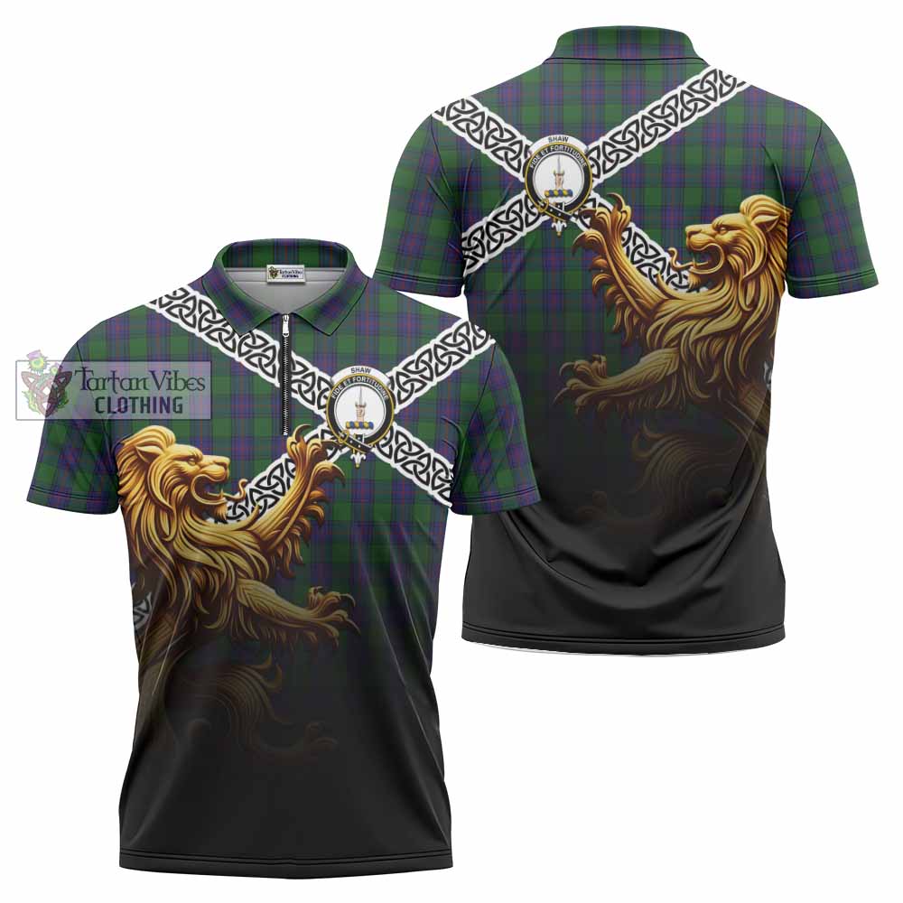 Tartan Vibes Clothing Shaw Crest Tartan Zipper Polo Shirt with Golden Lion Emblem Celtic Style