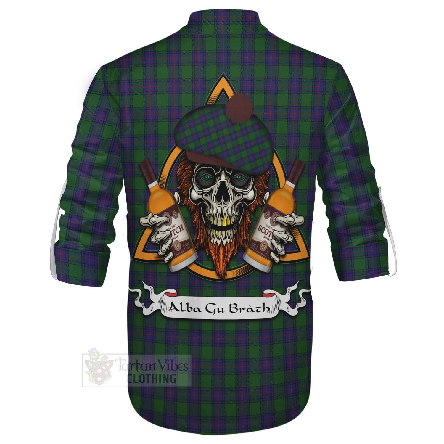Tartan Vibes Clothing Shaw Tartan Ghillie Kilt Shirt with Family Crest and Bearded Skull Holding Bottles of Whiskey
