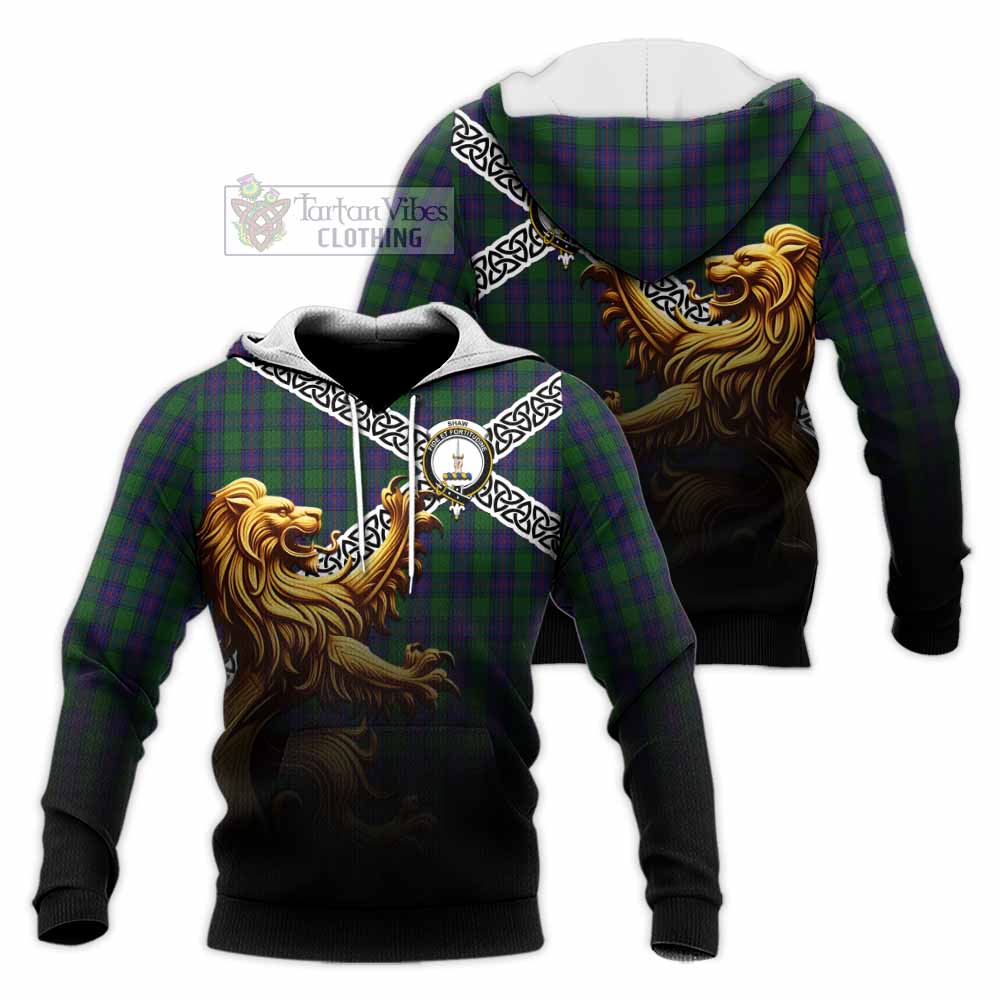 Tartan Vibes Clothing Shaw Crest Tartan Knitted Hoodie with Golden Lion Emblem Celtic Style