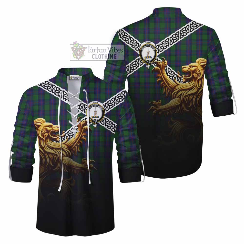 Tartan Vibes Clothing Shaw Crest Tartan Ghillie Kilt Shirt with Golden Lion Emblem Celtic Style
