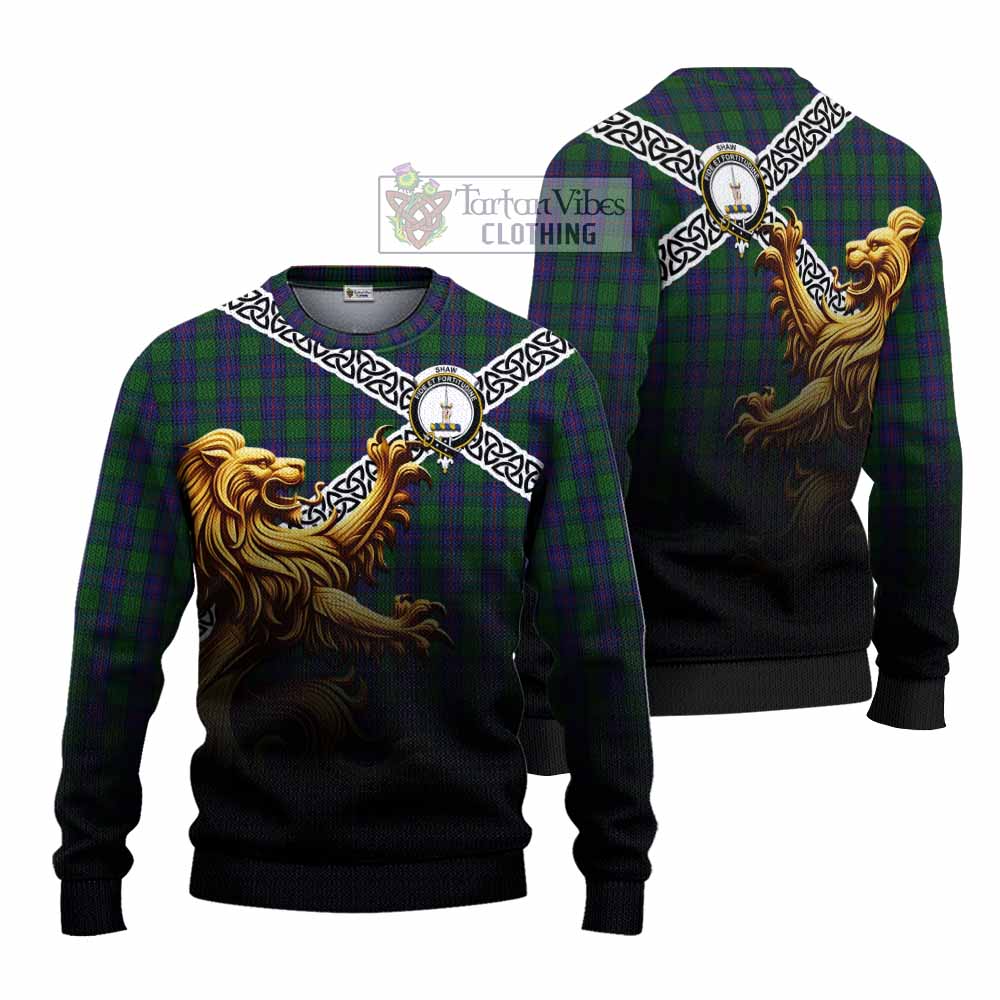 Tartan Vibes Clothing Shaw Crest Tartan Knitted Sweater with Golden Lion Emblem Celtic Style