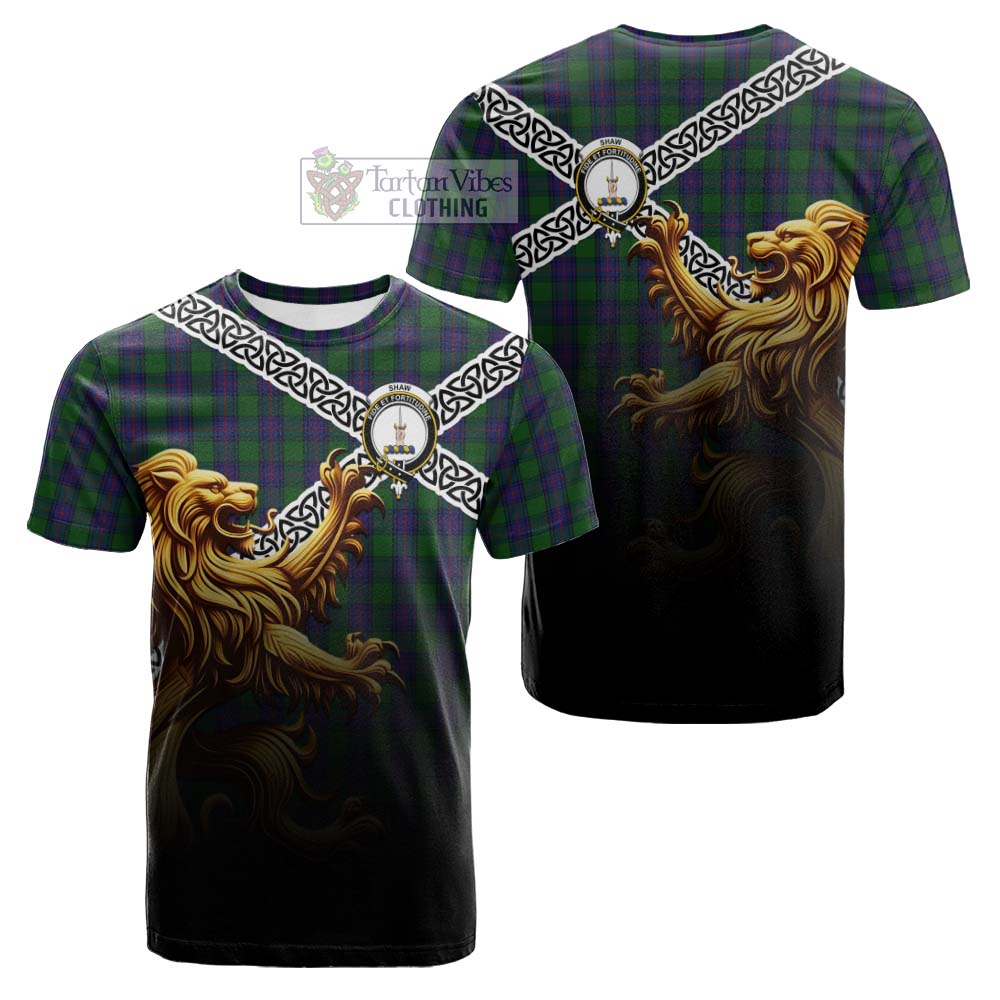 Tartan Vibes Clothing Shaw Crest Tartan Cotton T-shirt with Golden Lion Emblem Celtic Style
