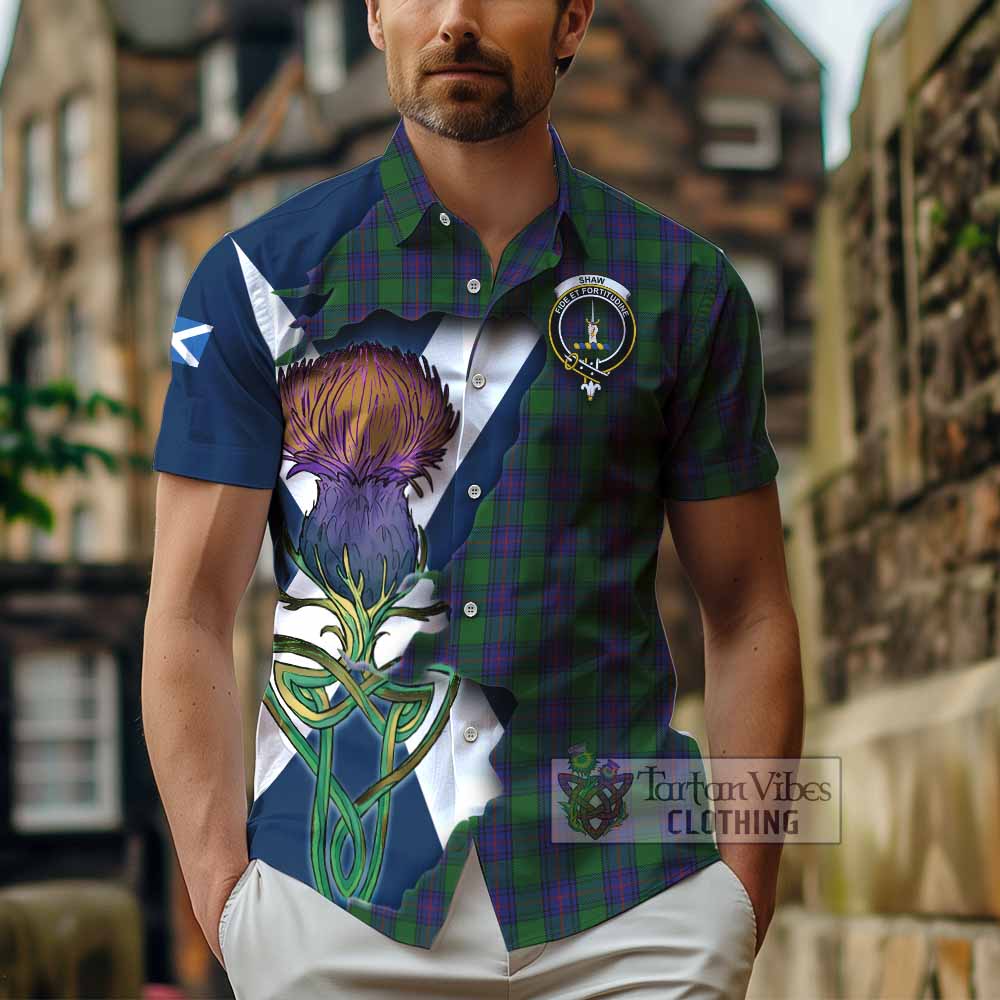 Tartan Vibes Clothing Shaw Tartan Family Crest Short Sleeve Button Shirt Scottish Thistle Celtic Inspired