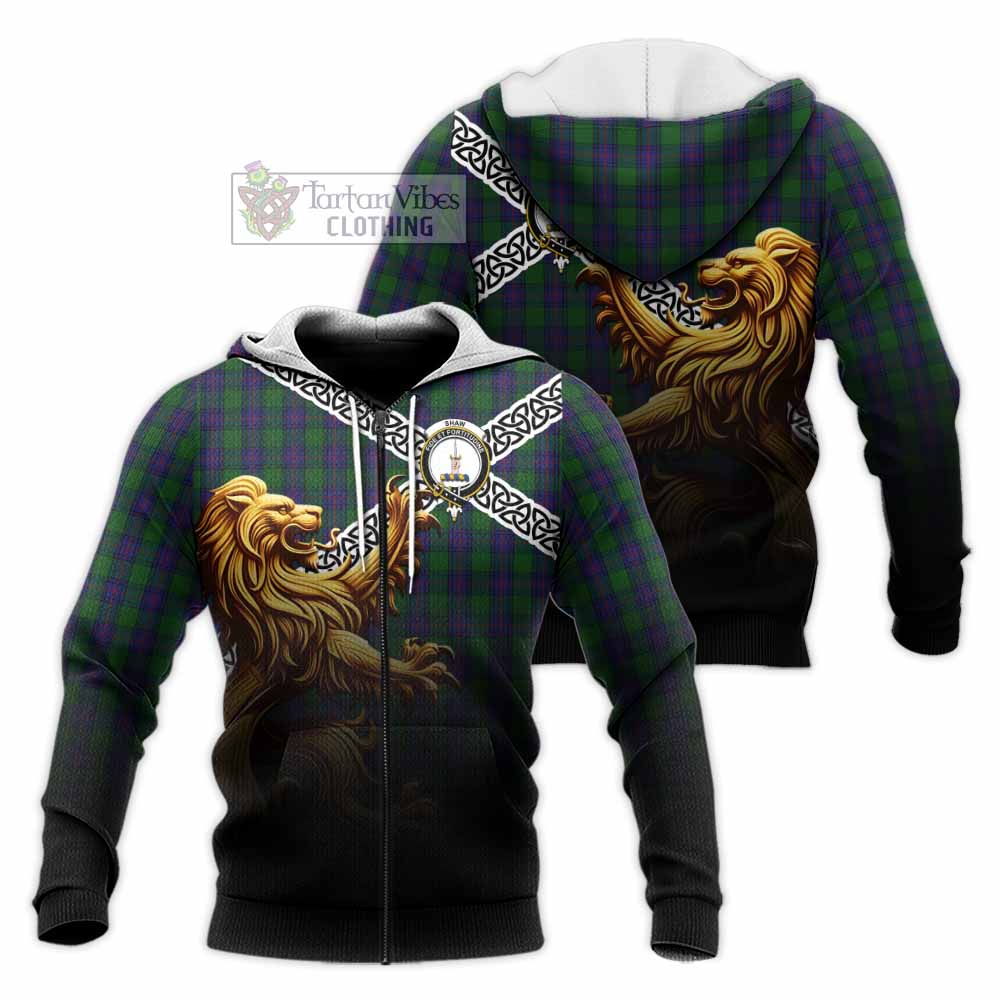 Tartan Vibes Clothing Shaw Crest Tartan Knitted Hoodie with Golden Lion Emblem Celtic Style