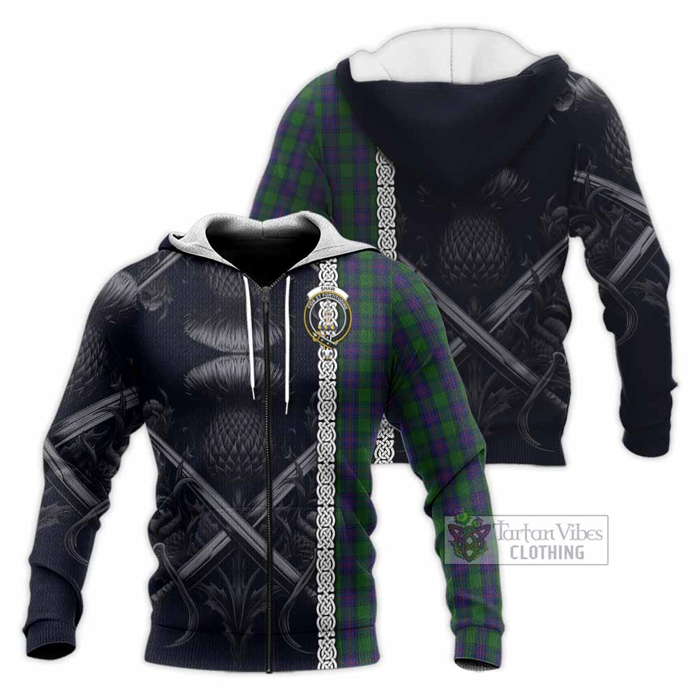 Tartan Vibes Clothing Shaw Tartan Knitted Hoodie with Family Crest Cross Sword Thistle Celtic Vibes