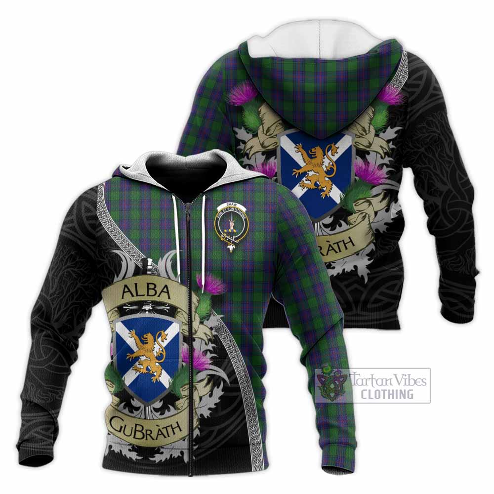 Tartan Vibes Clothing Shaw Tartan Family Crest Knitted Hoodie Lion Rampant Royal Thistle Shield Celtic Inspired