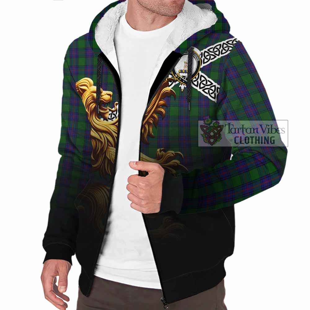 Tartan Vibes Clothing Shaw Crest Tartan Sherpa Hoodie with Golden Lion Emblem Celtic Style