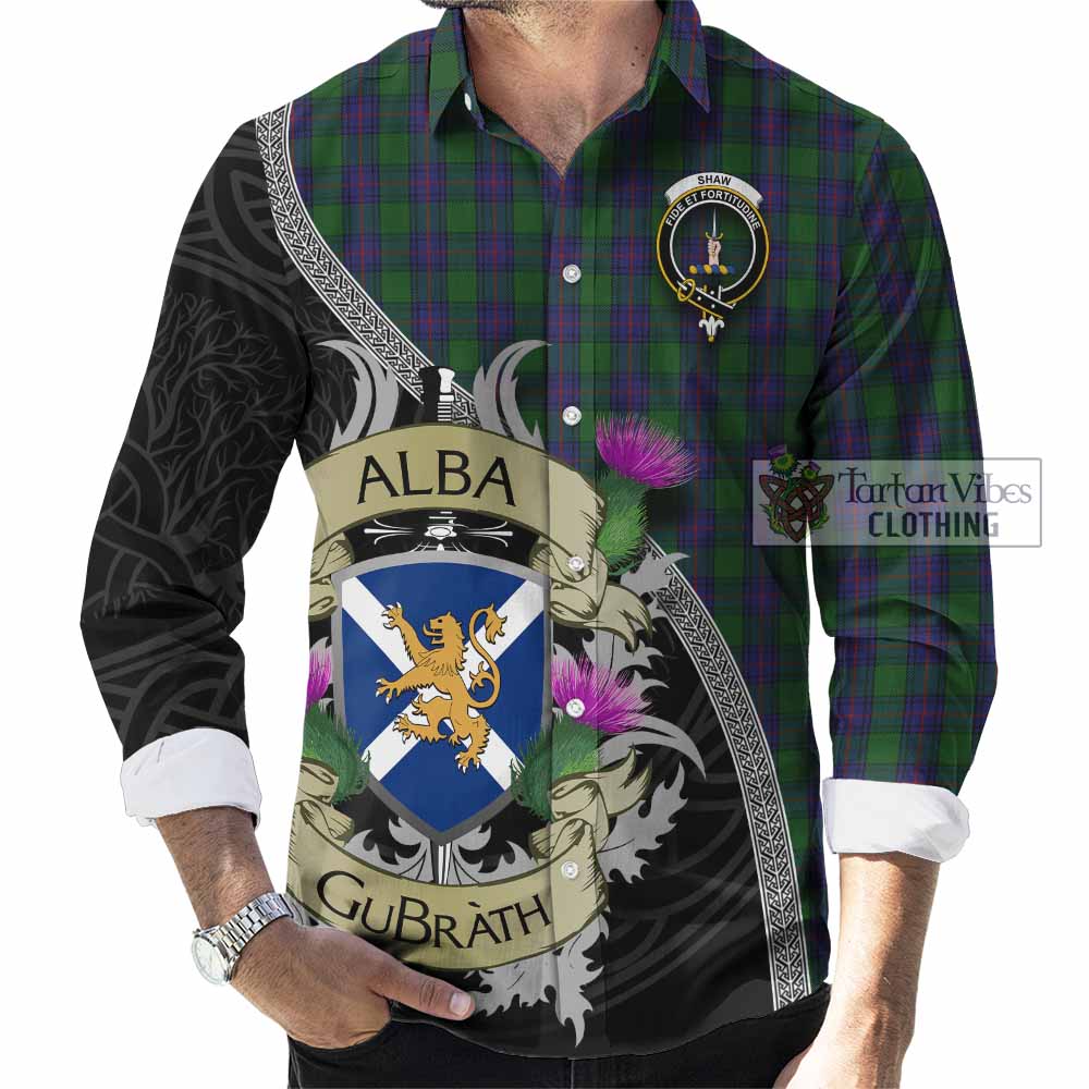 Tartan Vibes Clothing Shaw Tartan Family Crest Long Sleeve Button Shirt Lion Rampant Royal Thistle Shield Celtic Inspired