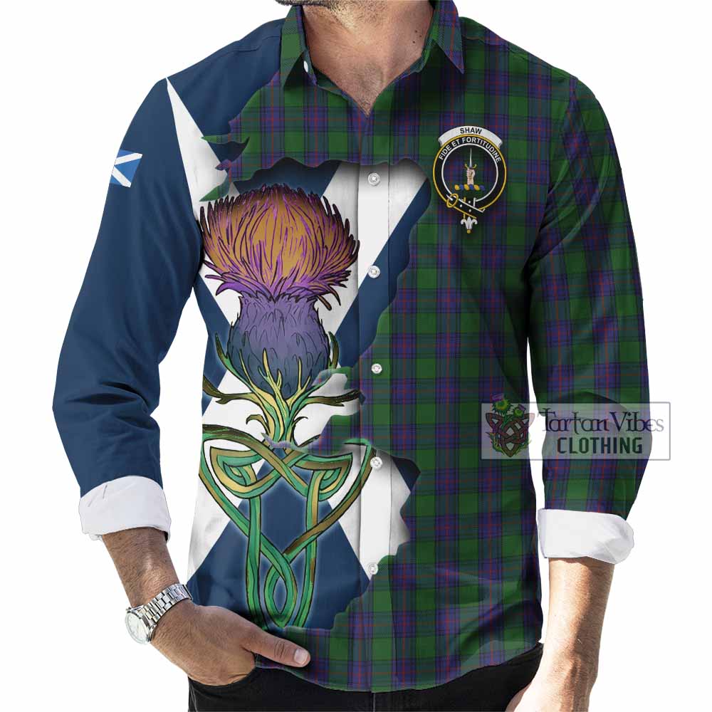 Tartan Vibes Clothing Shaw Tartan Family Crest Long Sleeve Button Shirt Scottish Thistle Celtic Inspired