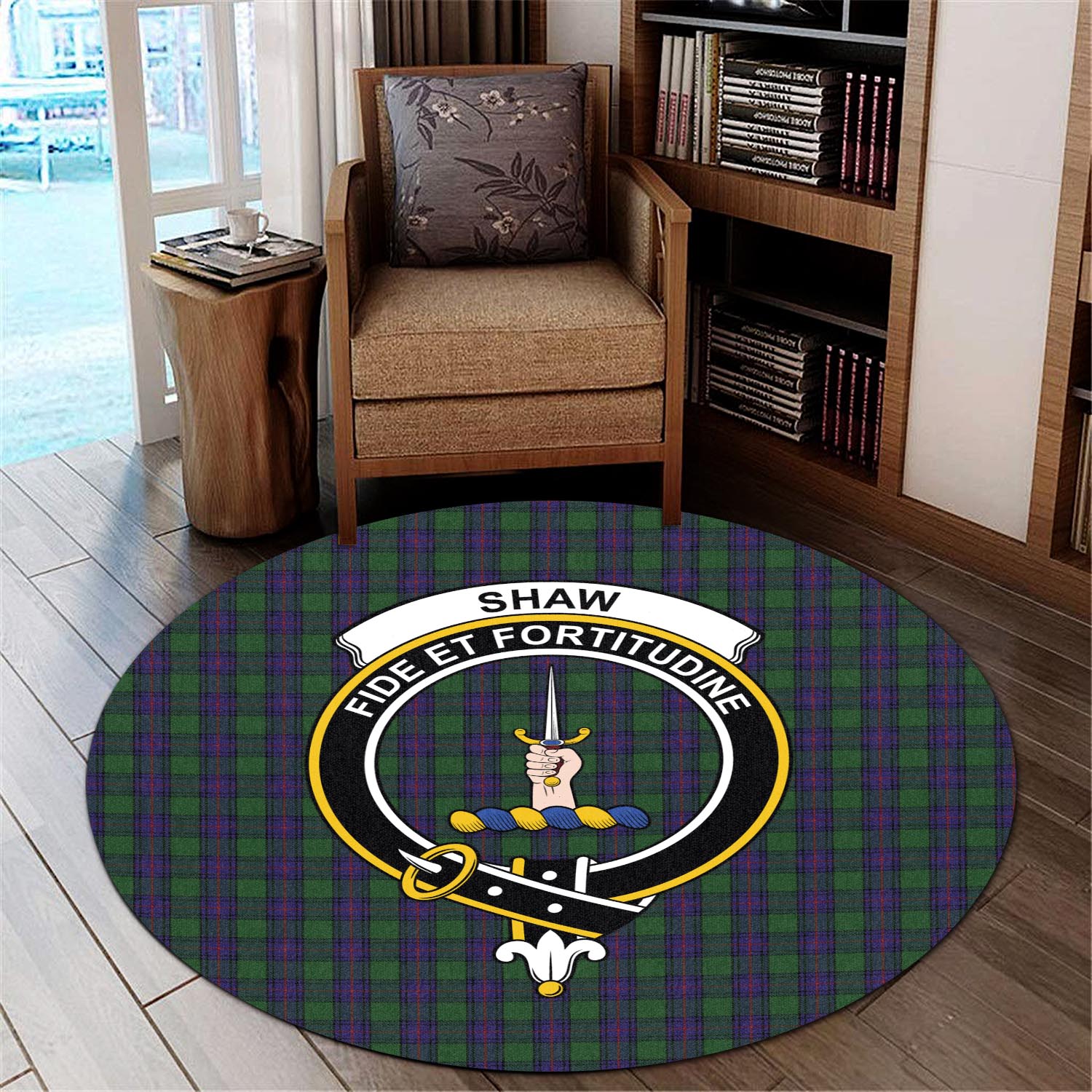 shaw-tartan-round-rug-with-family-crest