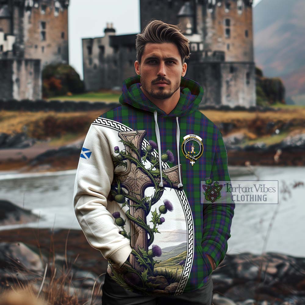 Tartan Vibes Clothing Shaw Tartan Cotton Hoodie with Family Crest and St. Andrew's Cross Accented by Thistle Vines