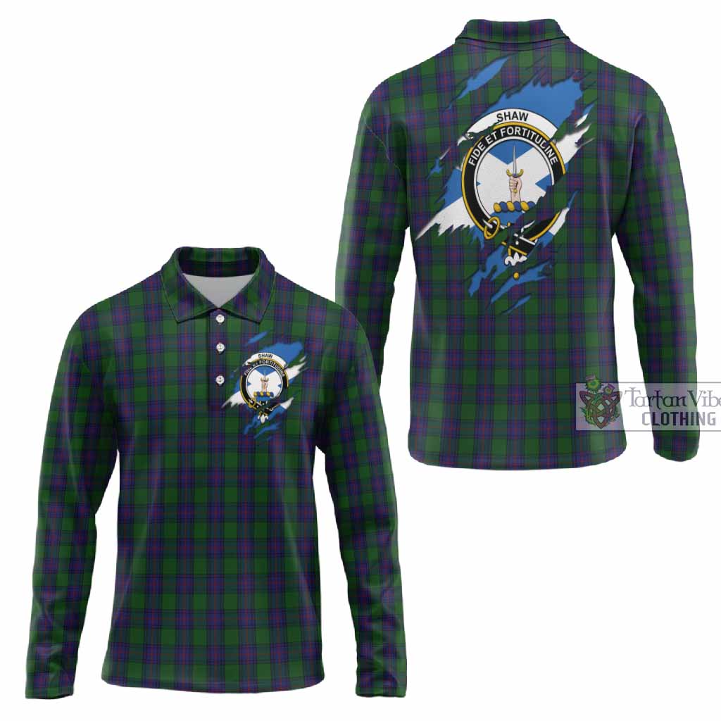 Shaw Clan Crest In Me Tartan Long Sleeve Polo Shirt Scotland Flag Style