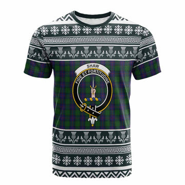 Shaw Clan Tartan Christmas Cotton T-shirt with Family Crest