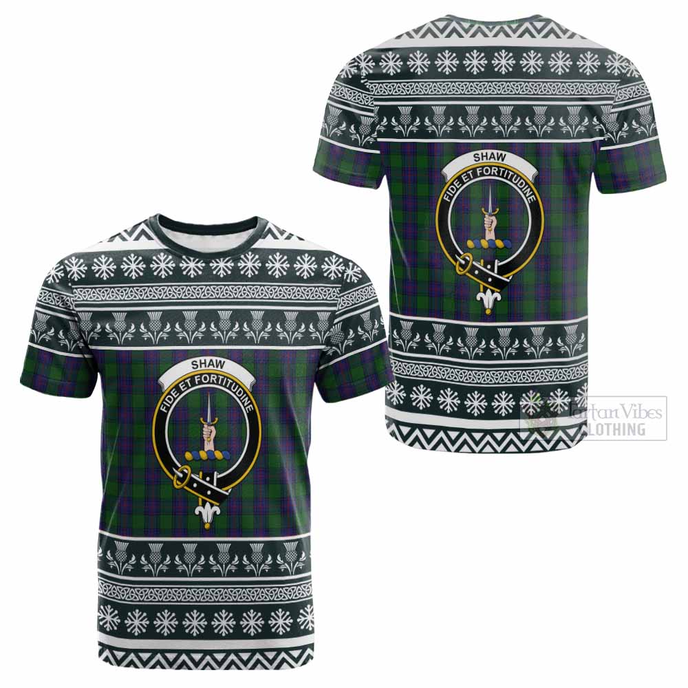 Shaw Clan Tartan Christmas Cotton T-shirt with Family Crest - Tartan Vibes Clothing